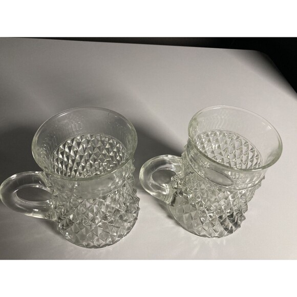 Vintage Indiana Glass Mugs (Set of 2) Diamond Point Pattern • Tankards - Picture 3 of 5